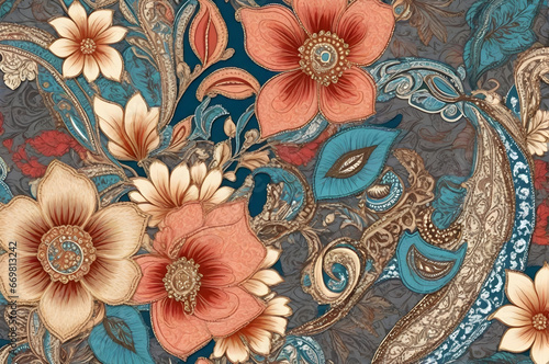 patchwork floral pattern with paisley and indian flower motifs