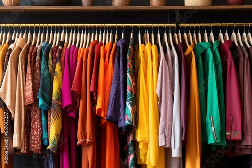 Colorful and trendy garments displayed on racks in a dressing room at a clothing store. Generative AI