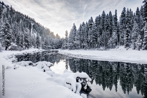 Lake Tahoe / Truckee River in Winter Covered in Snow
