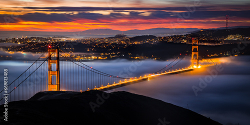 San Francisco Golden Gate Bridge at Sunrise Covered in Fog / Clouds