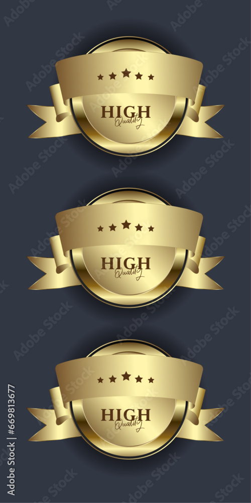 SET of Three button Elegant pearl gold label, glossy labels with golden frame over beige background, premium and Golden label button isolated on black background SET of Three button Elegant pearl gold label, glossy labels with golden frame over beige background, premium and Golden label button isolated on black background