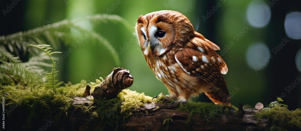 Brown owl with prey perched on tree in forest habitat - obrazy, fototapety, plakaty 
