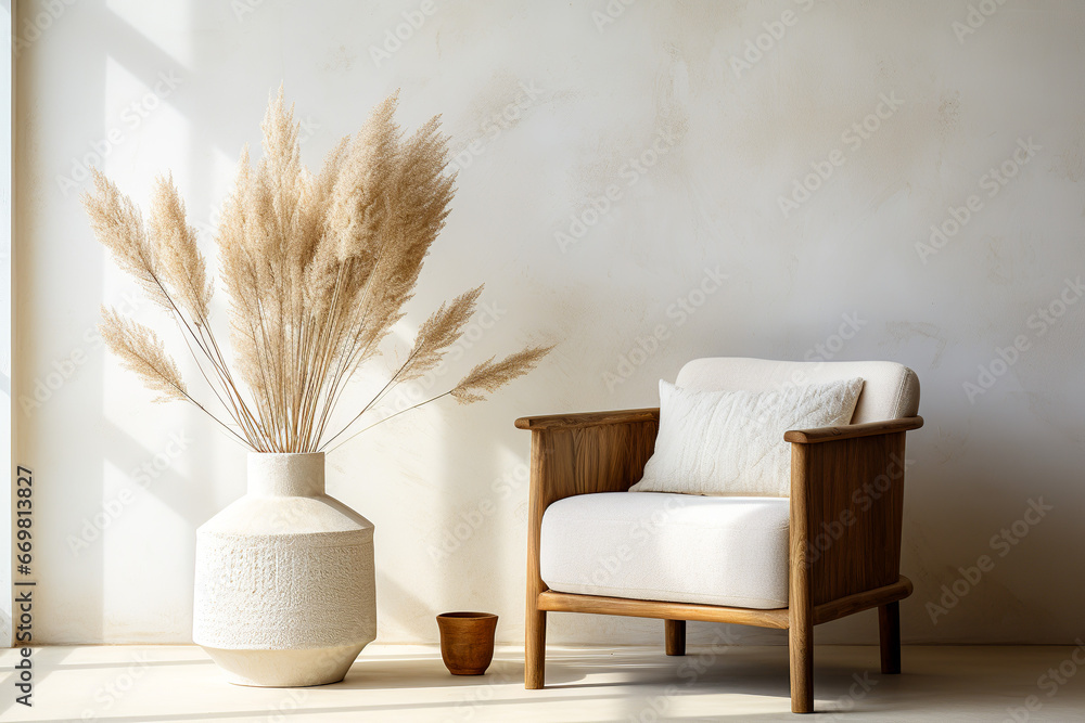 Minimalist interior design with armchair and vase