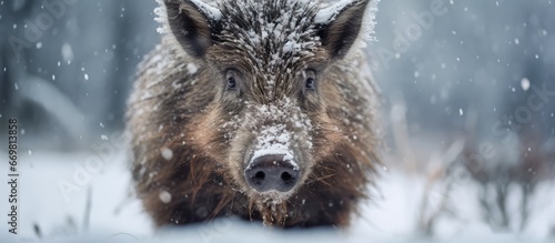 Boar depicted in snowy portrait © AkuAku