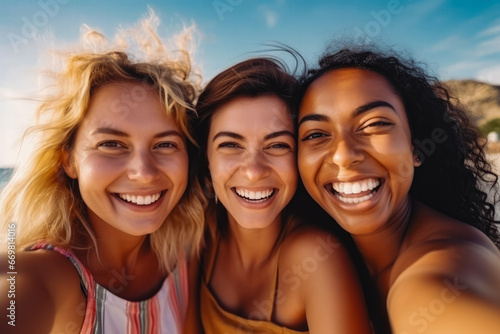 Beautiful diverse young women friends taking a self portrait picture together on their phone while enjoying nice sunny day trip