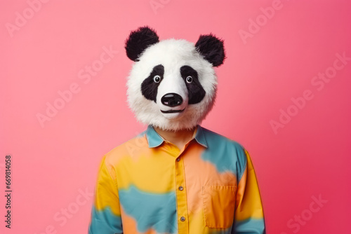 Man wearing a panda mask while standing on colored background, funky style, party advertising, happy panda mask photo