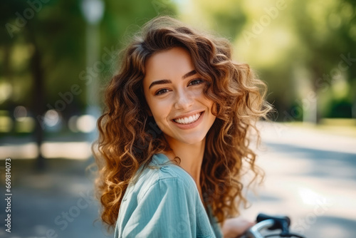 Beautiful young woman smiling and enjoying ride on rental bike on a sunny day, day trip with friends, spending quality time outside