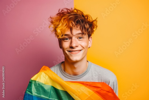 Portrait of red haired non binary man with rainbow flag smiling and being happy , yellow background, pride month celebration photo