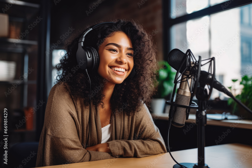 Young ethnic woman talking and smiling in studio at podcast recording, woman hosting online radio event, Young ethnic woman talking and smiling in studio at podcast recording, woman hosting online radio event,