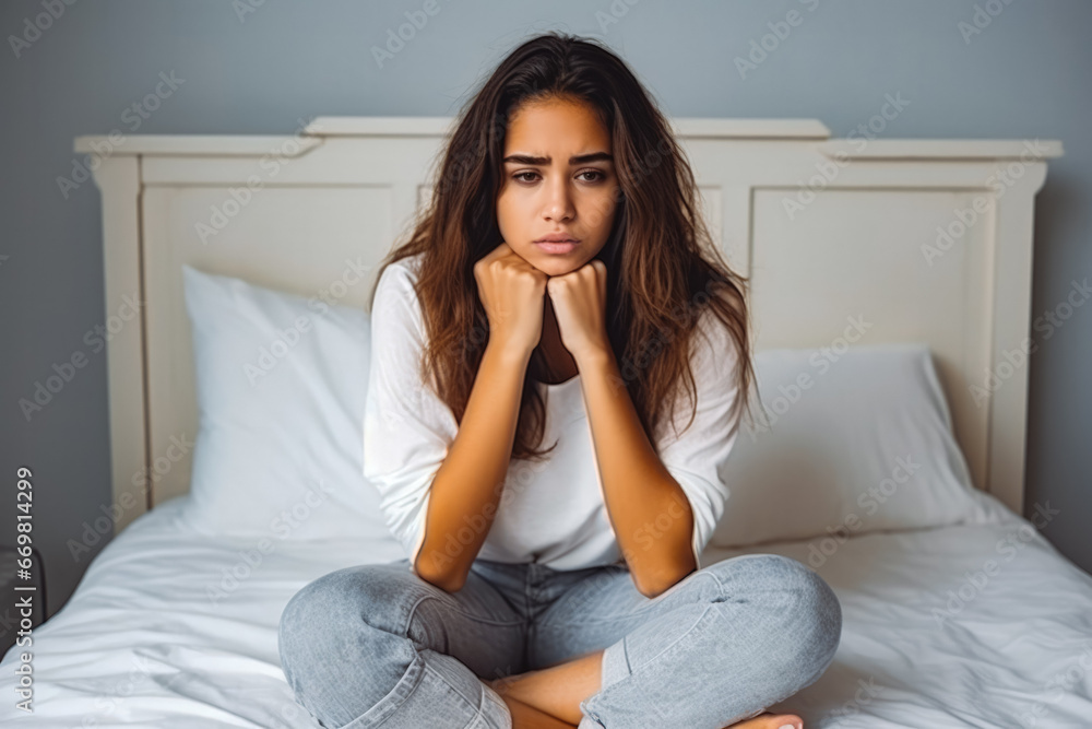 Beautiful young hispanic teenage girl sitting on bed and looking sad, being worried, punishment of not using phone for latin teenager Beautiful young hispanic teenage girl sitting on bed and looking sad, being worried, punishment of not using phone for latin teenager
