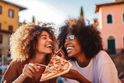 Beautiful young multiracial women eating take away pizza on street and spending quality time together on a sunny day trip photo
