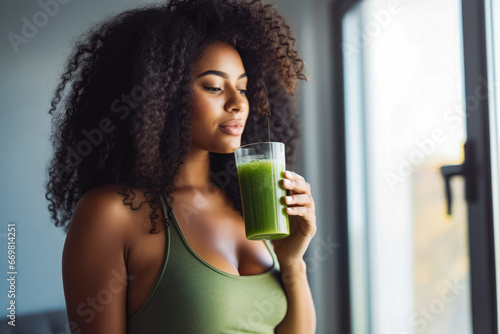 Young attractive african american woman drinking her detox juice after workout, beautiful athletic female drinking green juice at home