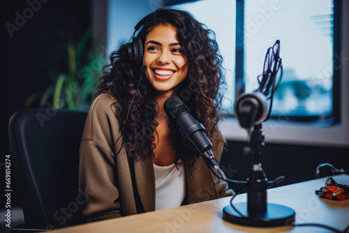 Young ethnic woman talking and smiling in studio at podcast recording, woman hosting online radio event,