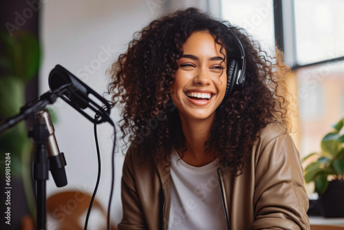 Young ethnic woman talking and smiling in studio at podcast recording, woman hosting online radio event, © VisualProduction