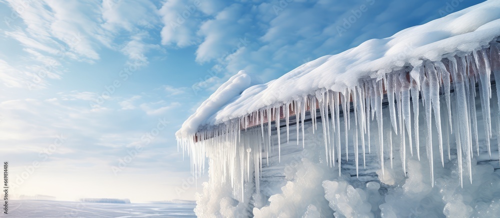 Melting snow forms icicles on the roof of a house - obrazy, fototapety, plakaty 