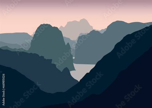 Landscape of cliffs and lakes. Vector illustration in flat style.