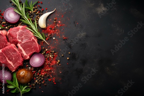 Raw venison meat, ready for cooking. Dark background, top view with space for text. Generative AI