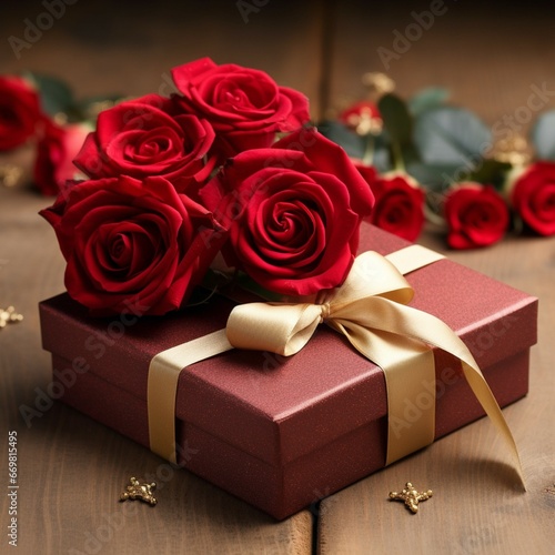 A red gift box with roses on it