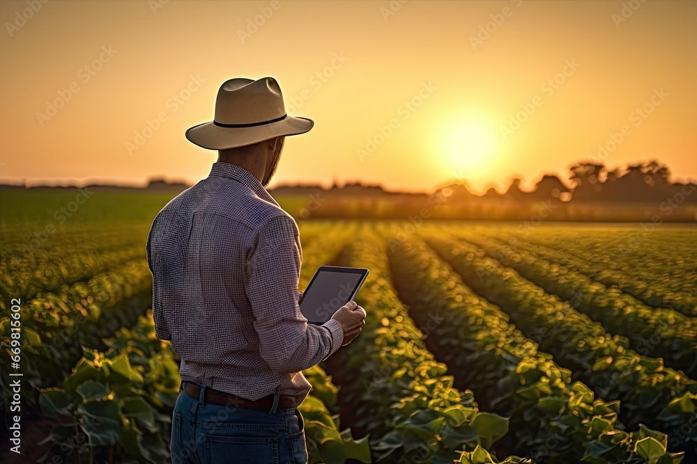 Field technology. Farmer using tablet to examine crops in sunset. Rural innovation. Agricultural worker using digital tools in countryside