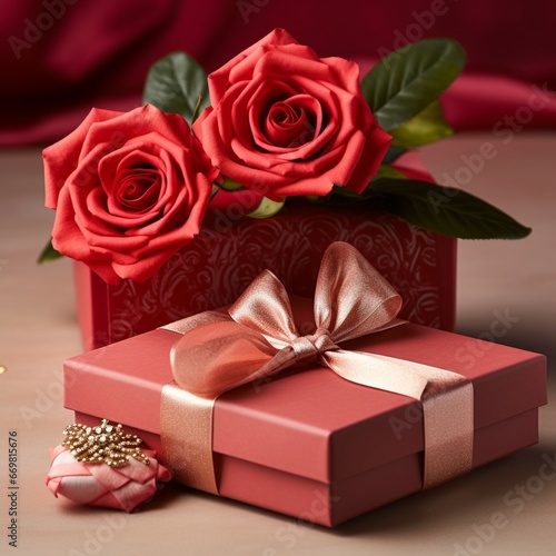 A red gift box with roses on it