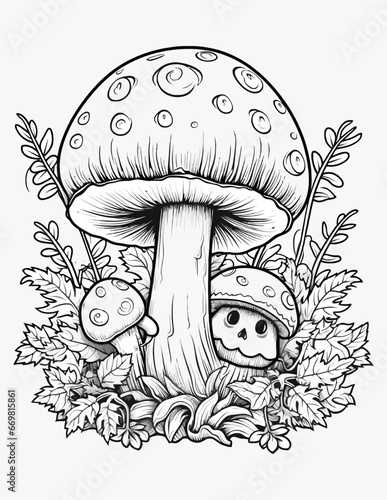 Adorable creepy kawaii mushroom coloring page for kids with vintage, Cute mushroom in a clearing among the flowers with vector illustration for coloring book.