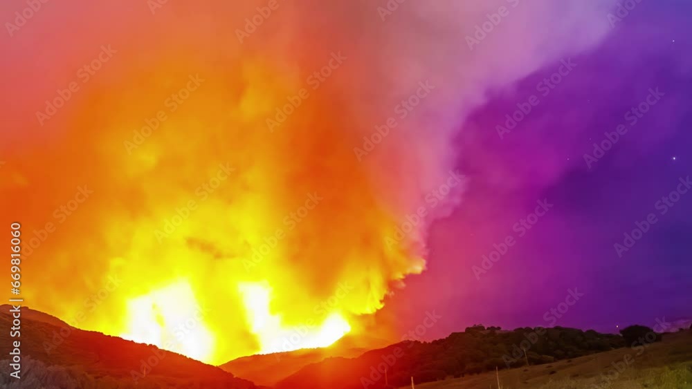 Timelapse shot of an intense wildfire behind the mountains at night Timelapse shot of an intense wildfire behind the mountains at night