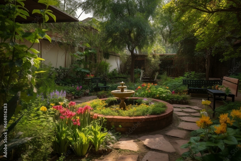 A serene garden with vibrant flowers, chirping birds, and a calm ambiance. Generative AI