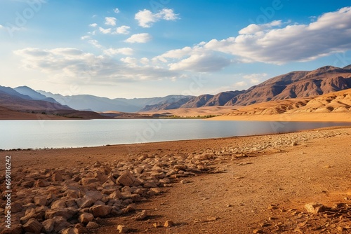 Barren mountain range, desert, field, bush, evening sky, and blue water of Al Wahda Dam Lake in Taounate Province, Morocco. Generative AI photo