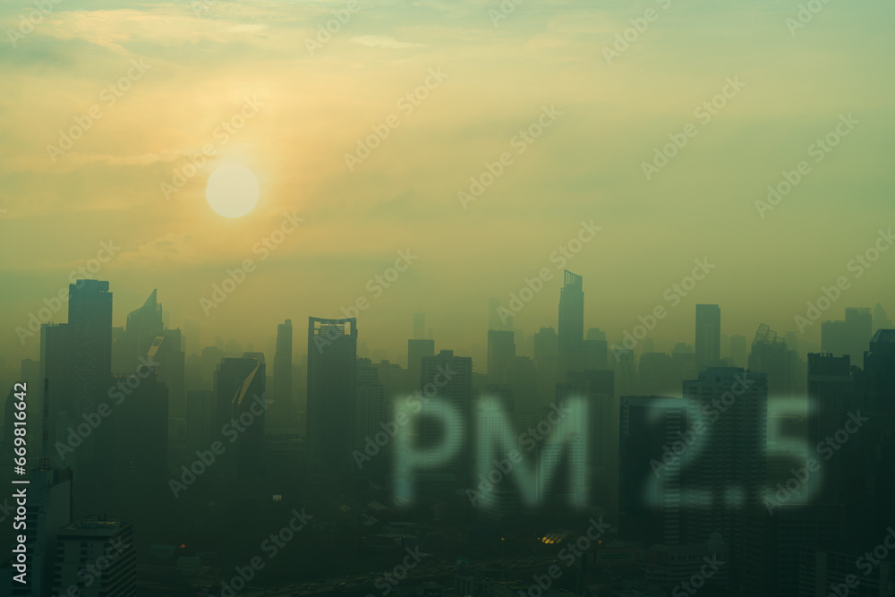 Concept of Pollution PM2.5 Unhealthy air pollution dust. Toxic haze in the city. Photos in the capital on a skyscraper.