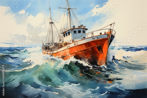 Ship Boat Ocean Sea Maritime watercolor painting Abstract background.