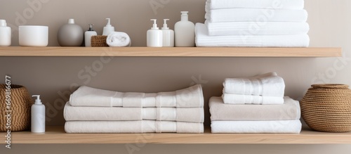 Luxurious hotel room with modern spa like design featuring clean white towels neatly stacked in the bathroom closet and a wooden shelf on the wall