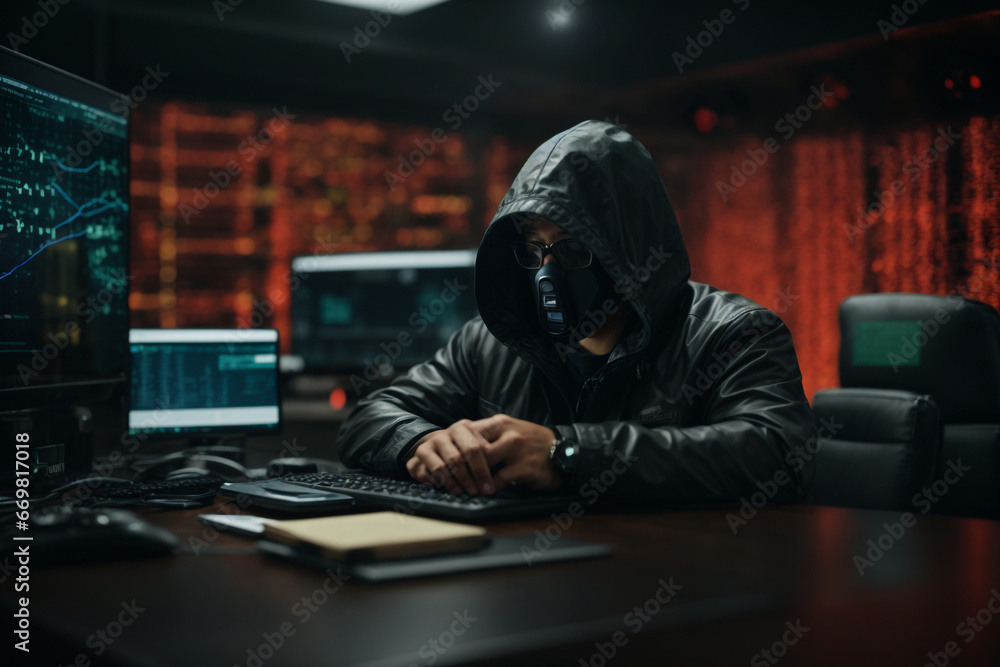 Hacker in hoodie using laptop