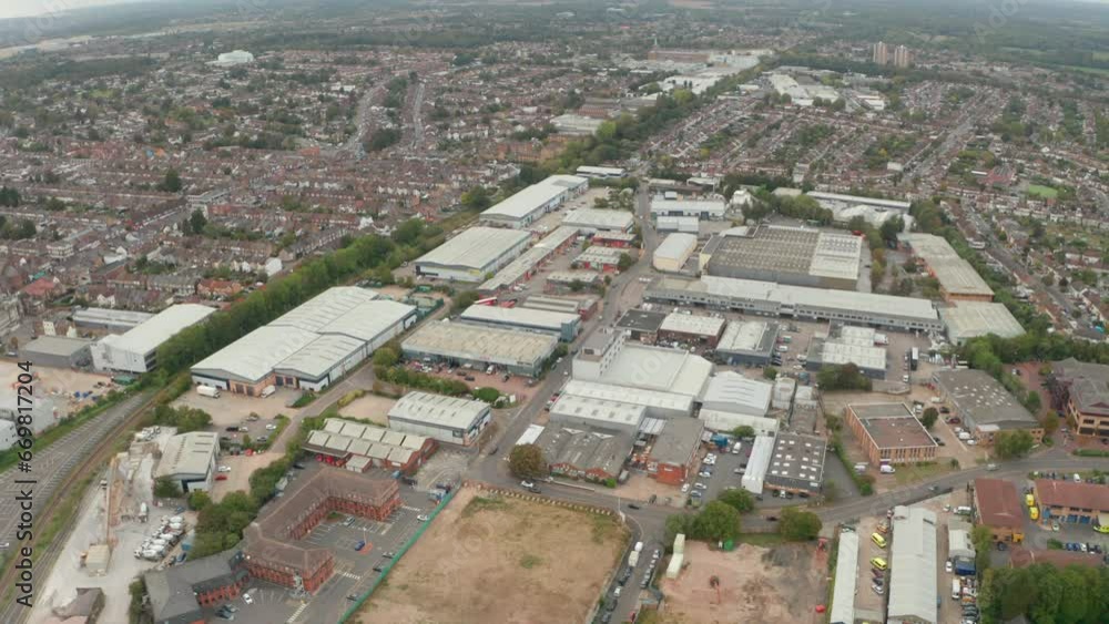 Circling aerial shot over Watford warehouse district Circling aerial shot over Watford warehouse district