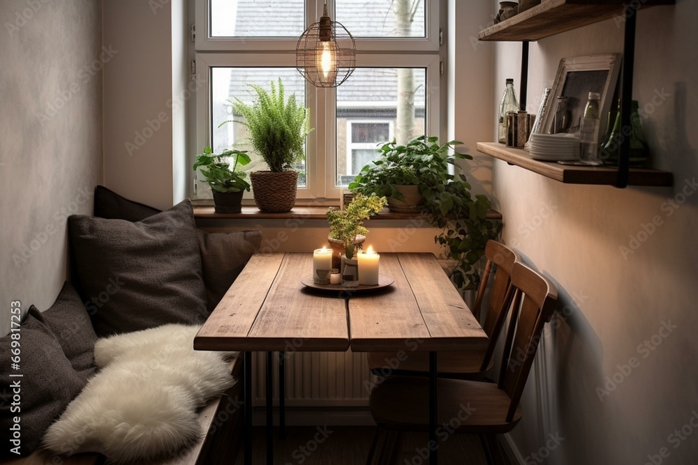 Interior design with cozy wood tones in a small dining space. Generative AI