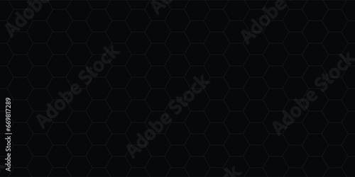 Dark grey abstract wide horizontal banner with hexagon carbon fiber grid and orange luminous lines. Technology vector background with orange neon lines