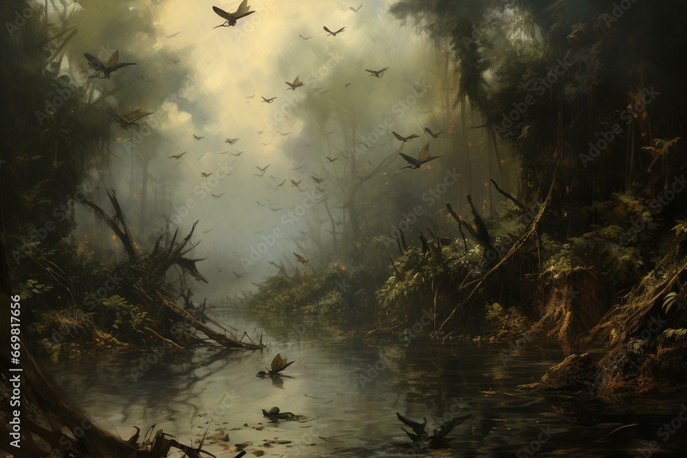 Swamp filled with flying insects. Generative AI - obrazy, fototapety, plakaty 