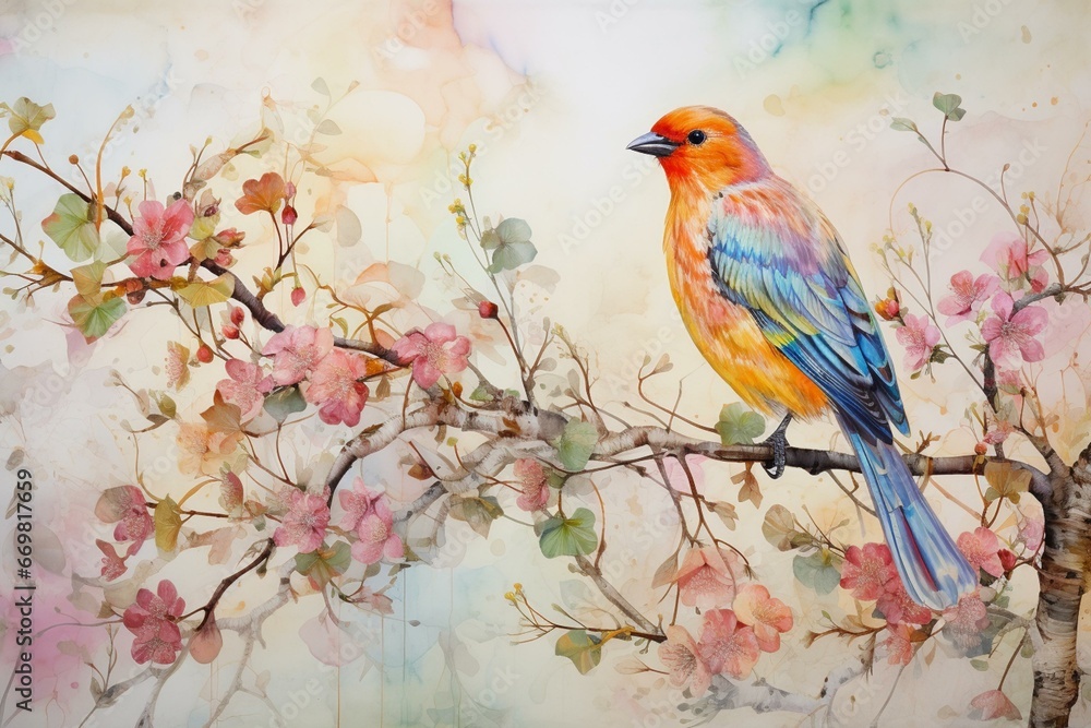 Painting of colorful birds and floral motifs with watercolor technique. Generative AI - obrazy, fototapety, plakaty 