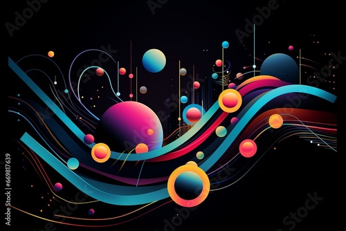 Colorful abstract background with curved design and flat surreal elements on black background. Generative AI