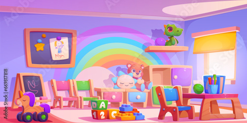 Kindergarten playroom with toys. Vector cartoon illustration of large room with window, rainbow color wall, blackboard for drawing, book and pencils on wooden table, chairs for kids, nursery play area