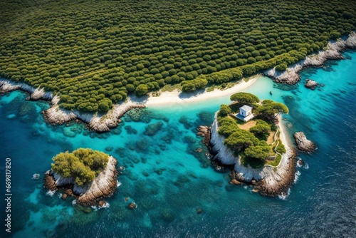 A secluded and beautiful island between the blue and white sea. On which there are various fruit