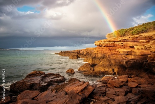 A rainbow over the ocean, beach, rocks, boat, rock outcropping, rock wall and outcrop. Generative AI © Hakeem