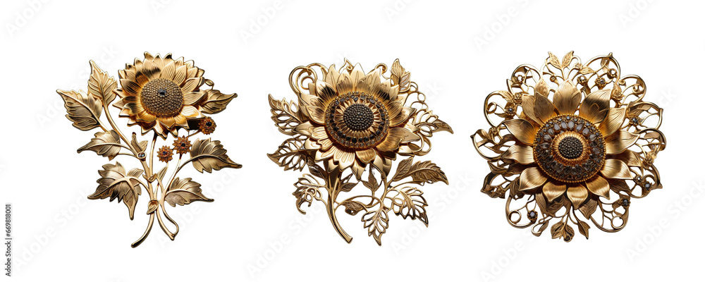 3 Old fashioned sunflower brooch made of gold with intricate design set against a transparent background - obrazy, fototapety, plakaty 