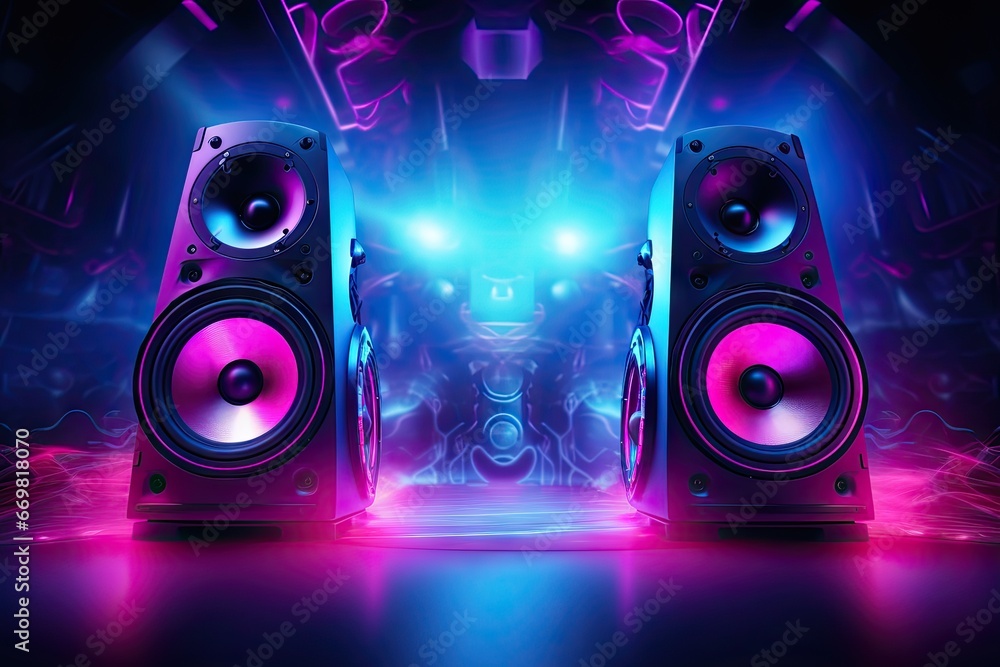 Neon nights. Retro vibes in musical entertainment speaker system illumination. Audio evolution. Disco system design in modern nightclub - obrazy, fototapety, plakaty 