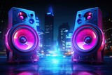 Neon nights. Retro vibes in musical entertainment speaker system illumination. Audio evolution. Disco system design in modern nightclub