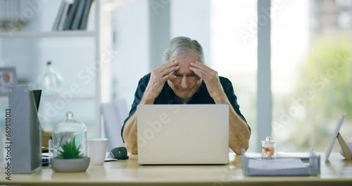 Senior man, home office and headache at laptop, stress and risk of debt, 404 glitch or budget error. Frustrated guy at computer for tax challenge, doubt or bankruptcy crisis for retirement investment photo