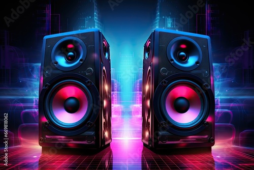 Neon nights. Retro vibes in musical entertainment speaker system illumination. Audio evolution. Disco system design in modern nightclub