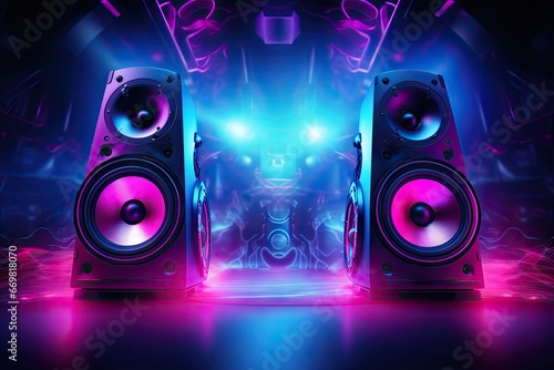 Neon nights. Retro vibes in musical entertainment speaker system illumination. Audio evolution. Disco system design in modern nightclub photo