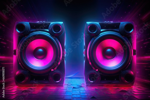 Neon nights. Retro vibes in musical entertainment speaker system illumination. Audio evolution. Disco system design in modern nightclub