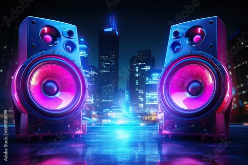 Neon nights. Retro vibes in musical entertainment speaker system illumination. Audio evolution. Disco system design in modern nightclub