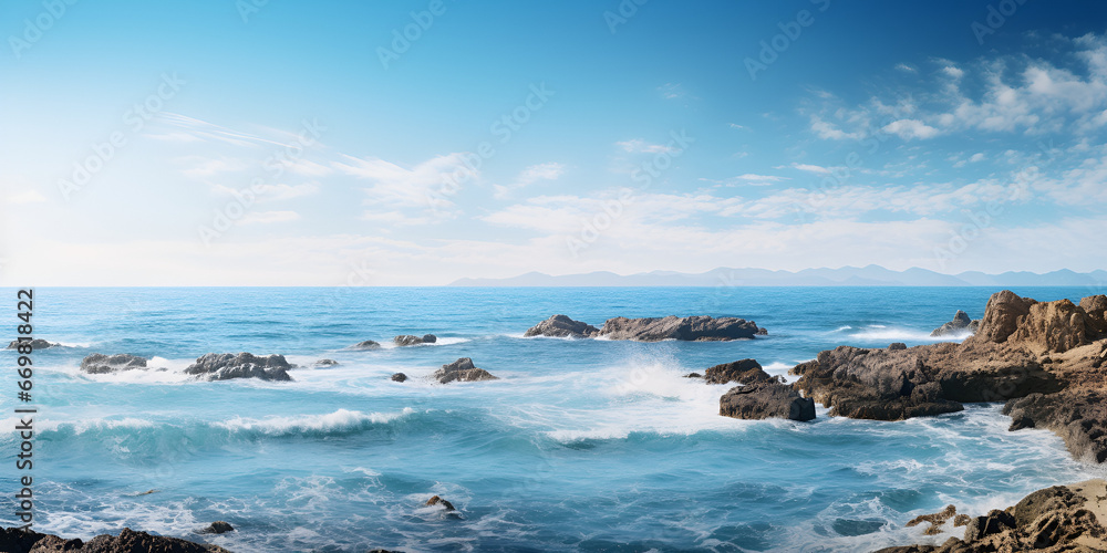 Rocky shoreline of the sea in the morning. beautiful scenery with splashing waves and clouds on the sky generative AI